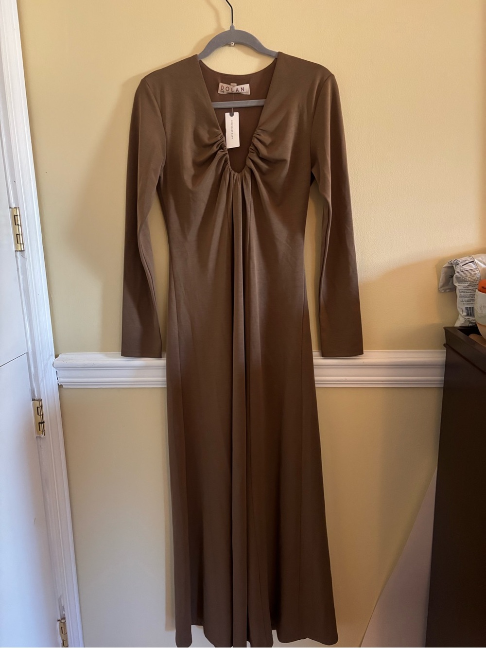 Anthropologie Brown Long Sleeve Maxi Dress with Gathered V-Neck